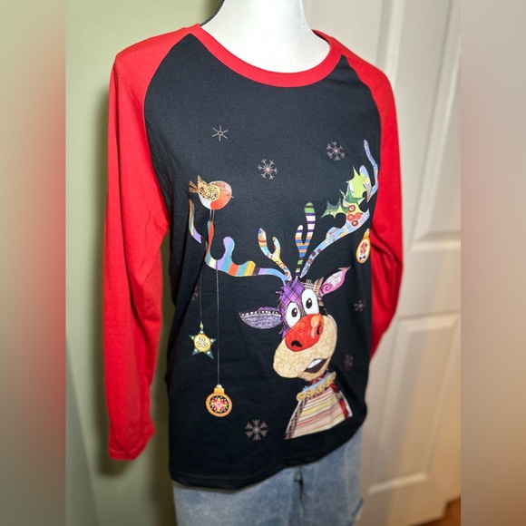 Raglan Red Sleeve Funny Reindeer Graphic Print Crew Neck T-shirt🦌 - Picture 8 of 11